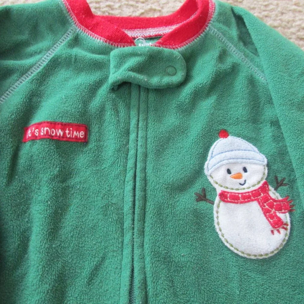 Carters Just One Year Zip Up Footed Christmas Sleeper‎ Boys 12M Green Snowman